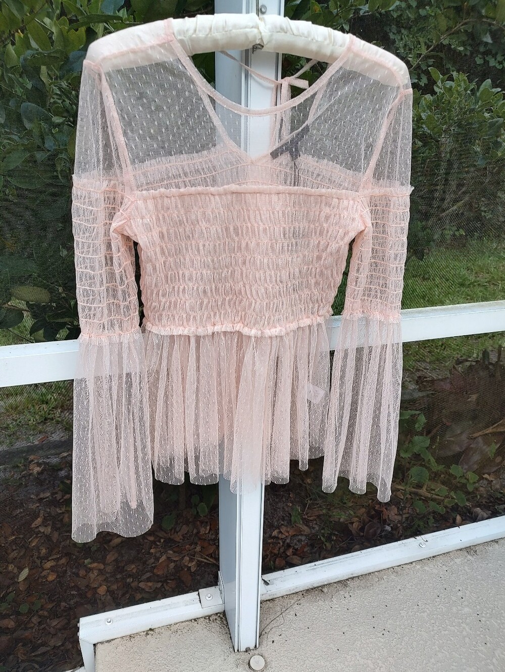 Romeo & Juliet Couture Sheer Blush Peach Smocked Peplum Top P$130.Msrp